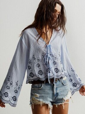 🩵Hello Gorgeous! Floral Embroidered Tie-Front Women's Top